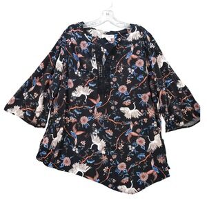 Skye's The Limit Floral Crane Bird Bluebird Print Tunic Top Asymmetric  Black 2X